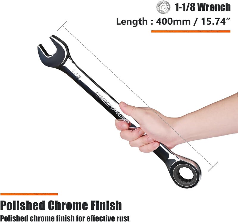 Egofine 1-1/8 inch Ratcheting Combination Wrench SAE, Industrial Grade Gear Spanner with 12-Point Design, 72-Tooth Ratchet, Chrome Vanadium Steel - Image 3